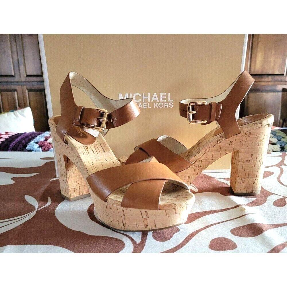 Michael Michael Kors Natalia Walnut Leather Cork Platform Sandals | 7.5 | Heels